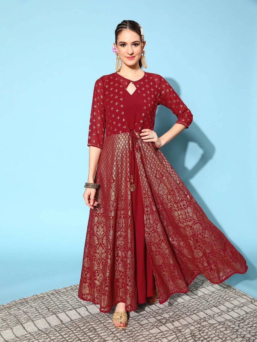 Ahalyaa Women Beautiful Maroon Crepe Brocade Ethnic Dress | Swadesiicart