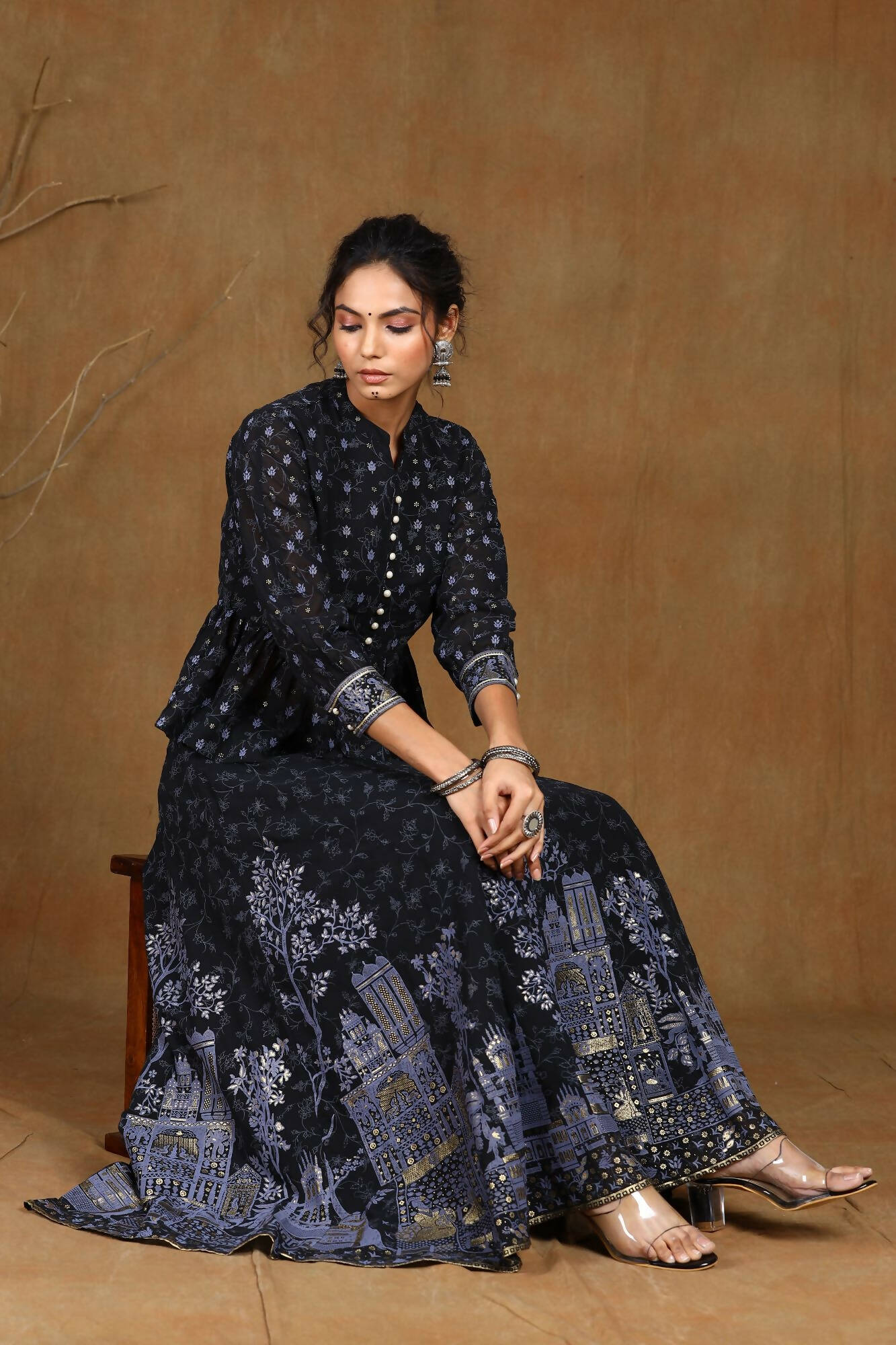 Juniper Women Black Georgette Printed Flared Lehenga Choli Sets | Swadesiicart