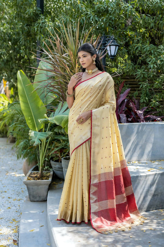 Vishnu Weaves Women's Cream Raw Silk Zari Woven Saree with Blouse - Swadesiicart