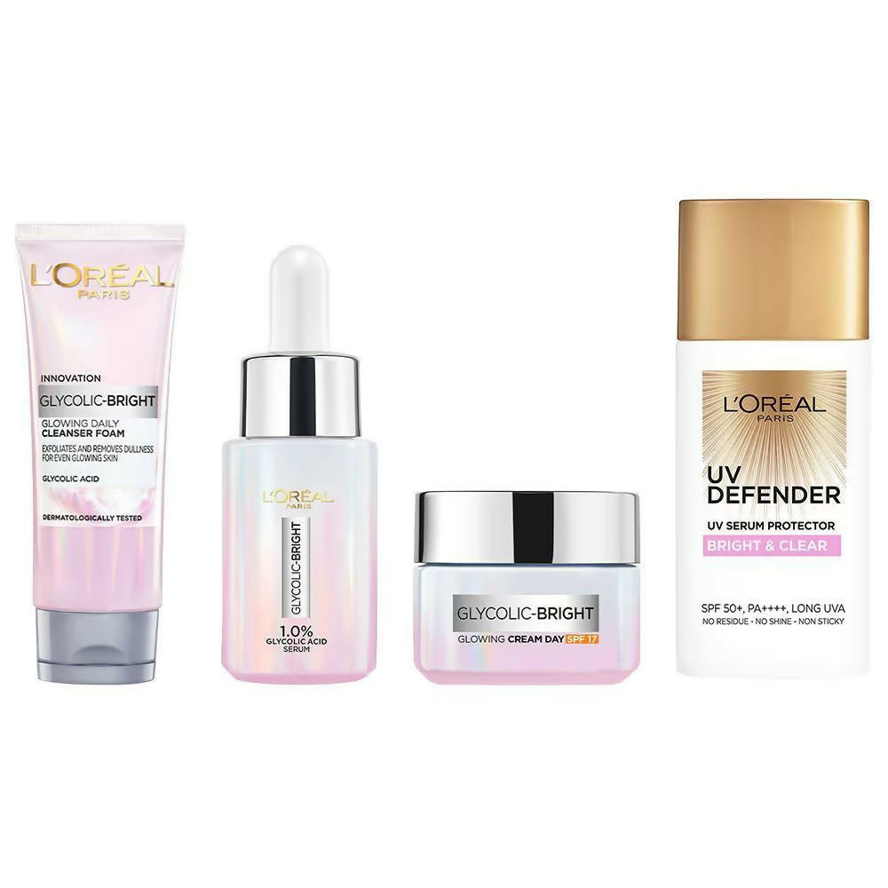 L'Oreal Paris Glycolic Acid Glowing And Protecting CSMS (Cleanser, Serum, Moisturizer, Sunscreen) Regime Kit | Swadesiicart