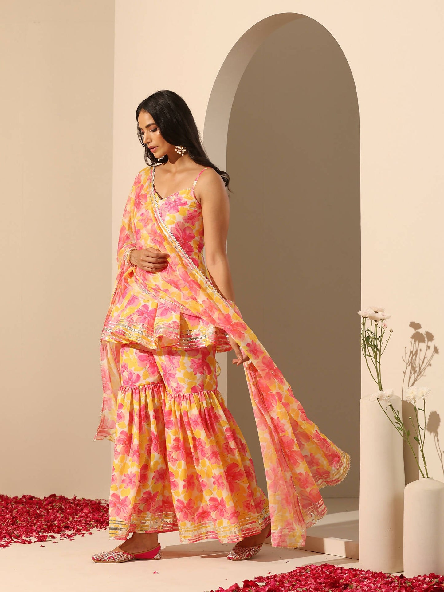 Pomcha Jaipur Yellow Gul Rangrez Sharara Set | Swadesiicart