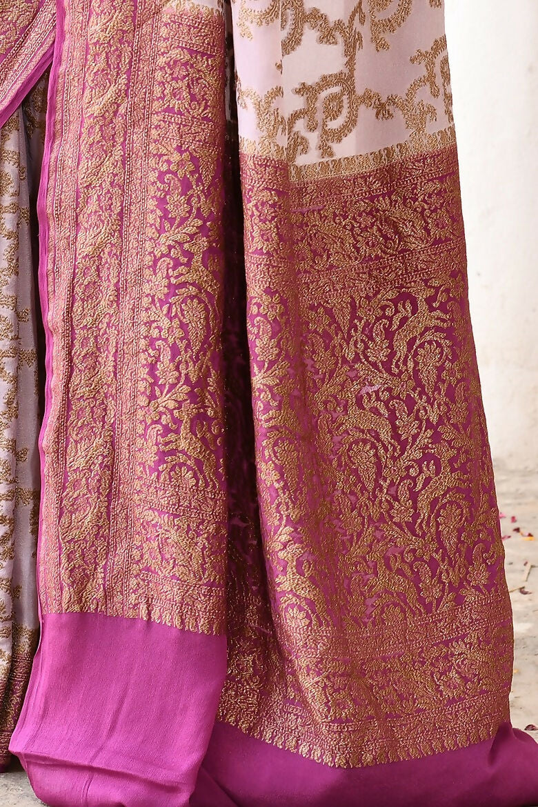 Joban Fashion Pastel Lilac Crepe Chiffon Pure Handloom Banarasi Silk Saree | Swadesiicart