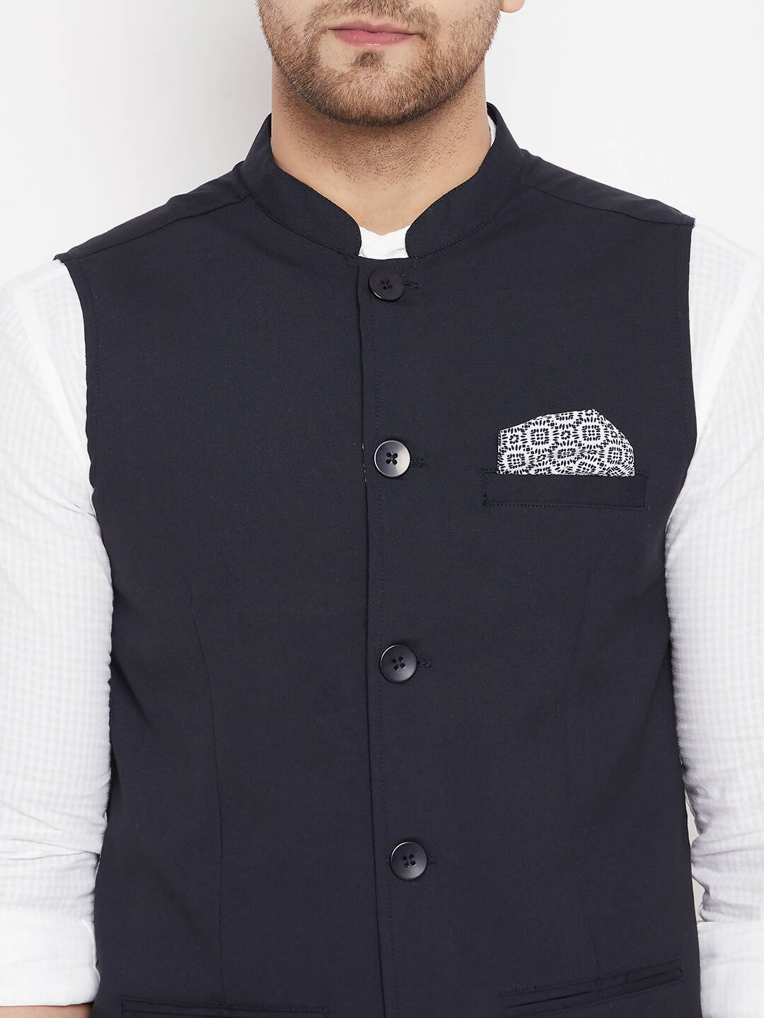 Even Apparels Navy Merino Men's Nehru Jacket-Contrast Lining-Inbuilt Pocket Square | Swadesiicart