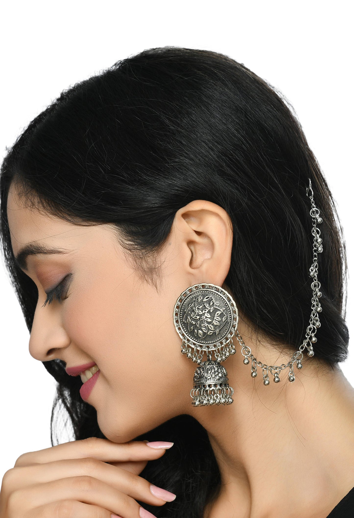 Mominos Fashion Johar Kamal Trendy Oxidized Silver Plated Bahubali Jhumkas - Swadesiicart