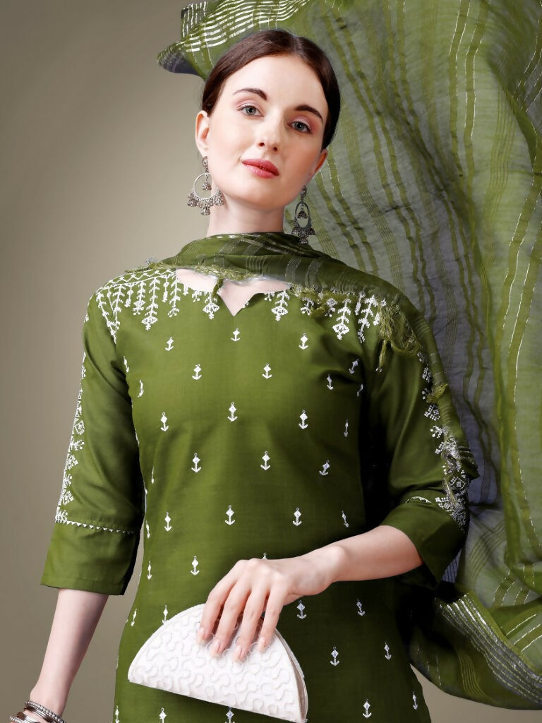 Jyoti Fashion Women's Mehendi Cotton Blend Embroidery & Sequence work Kurta with Trouser & Dupatta | Swadesiicart