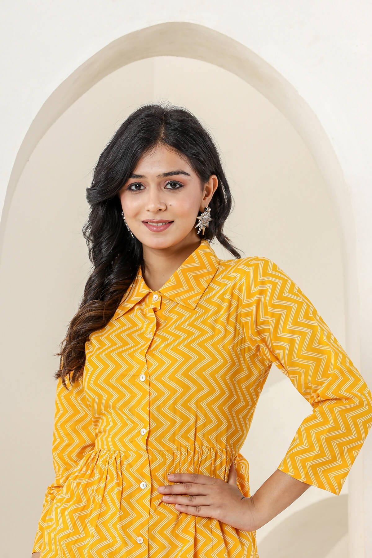 Kaajh Women's Yellow Zigzag Print Cotton Co-ord Set - Swadesiicart