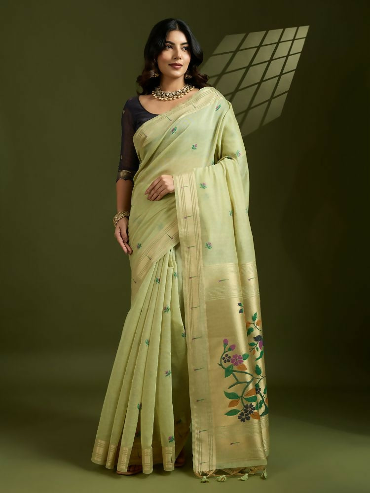 Vishnu Weaves Women's Pista Muga Cotton Thread Woven Butti with Blouse - Swadesiicart
