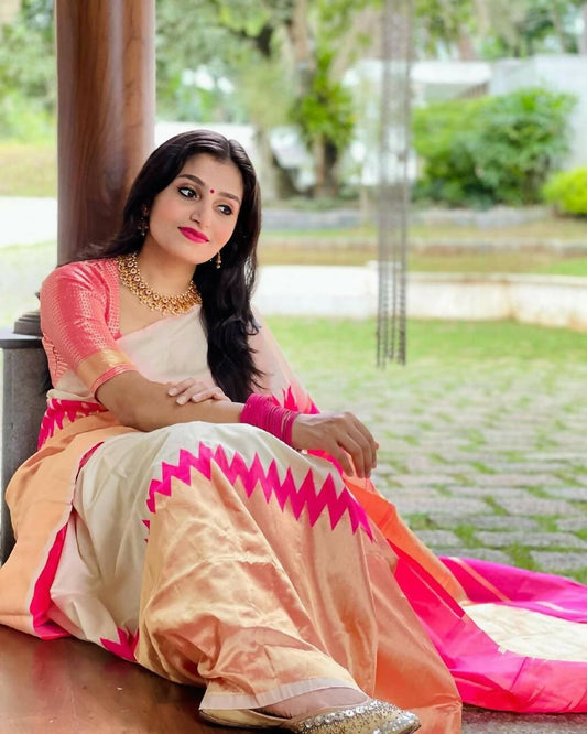 DEIANA'S Beautiful Designer Golden zari Soft Lichi Silk Saree - White - Swadesiicart