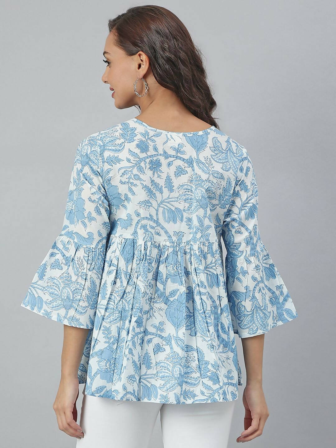 Janasya Women's White Cotton Floral Print Tiered Top | Swadesiicart