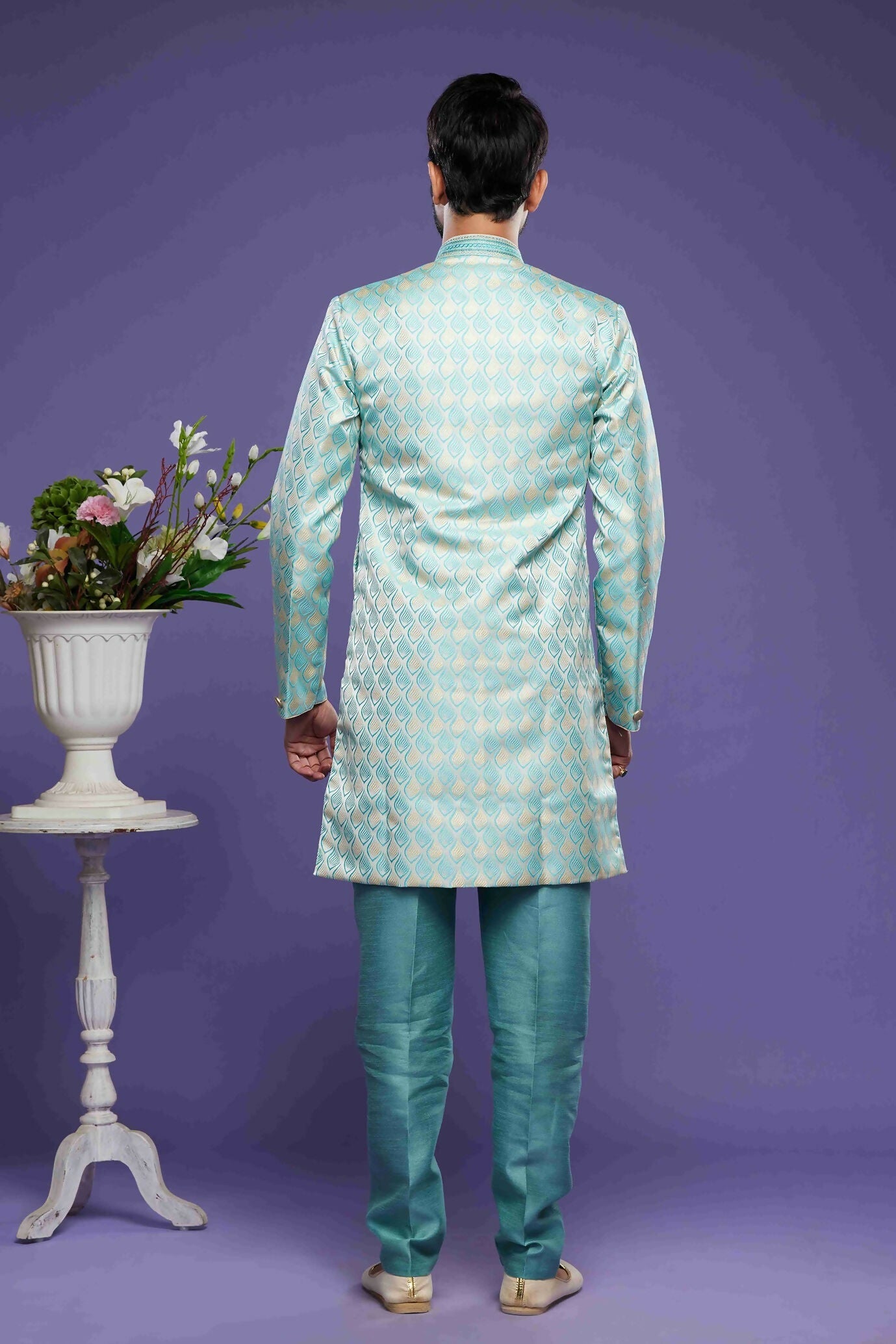 Raivat Ethnic Banarasi Jacquard Embroidery Semi Indo Western Sherwani In Sky Blue Colour | Swadesiicart