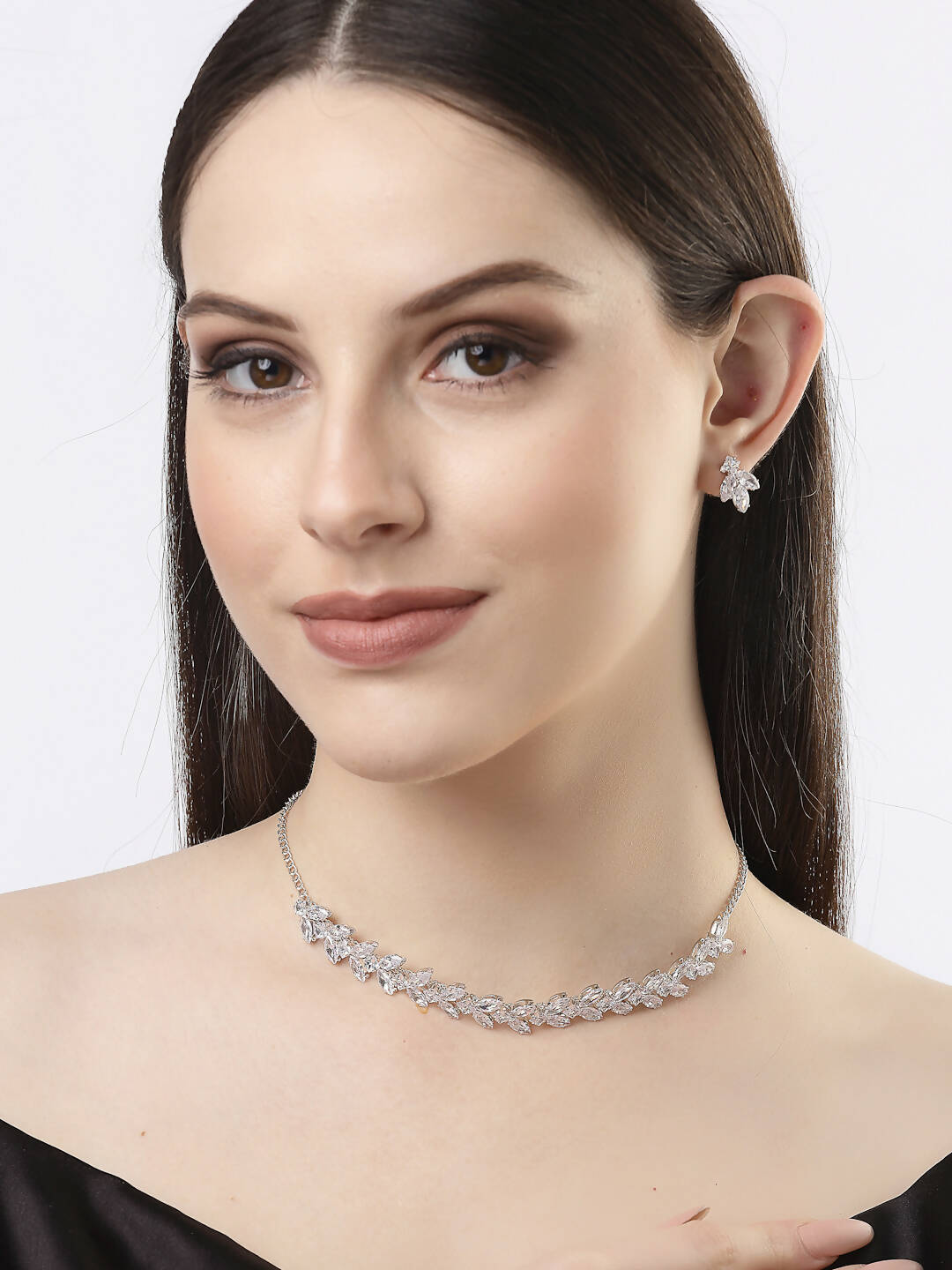 NVR Women Silver-Plated American Diamond Jewellery Set Necklace & Earrings | Swadesiicart