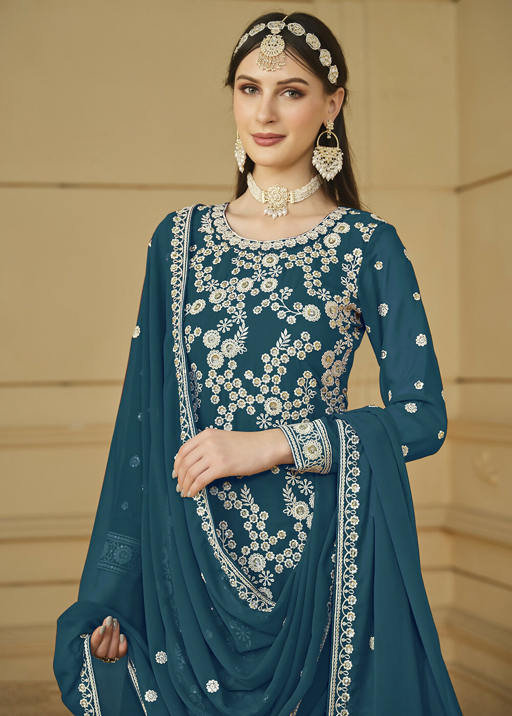 Turquoise Blue Embroidered Georgette Gharara Style Suit - Emponline | Swadesiicart