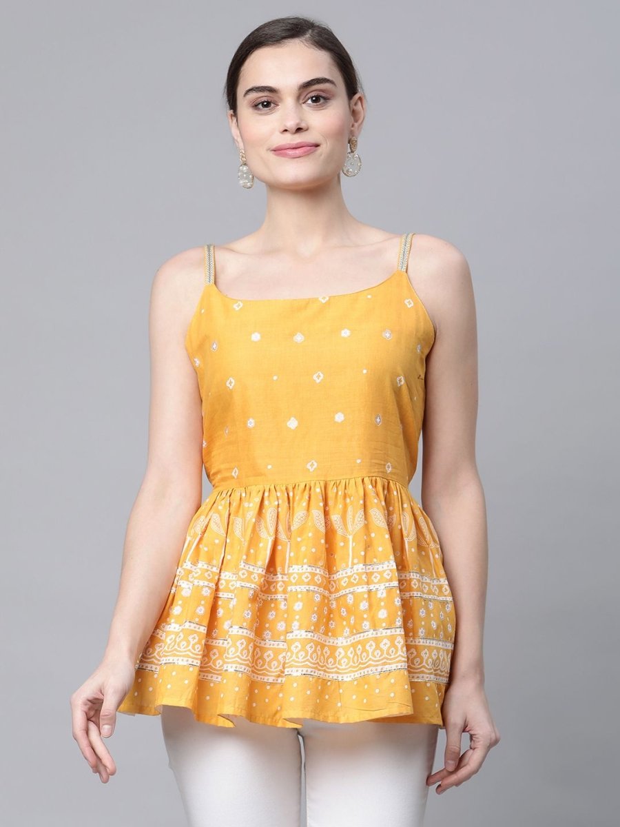 Ahalyaa Women Mustard Pure Cotton Porcian Print Shoulder Straps Tunic | Swadesiicart