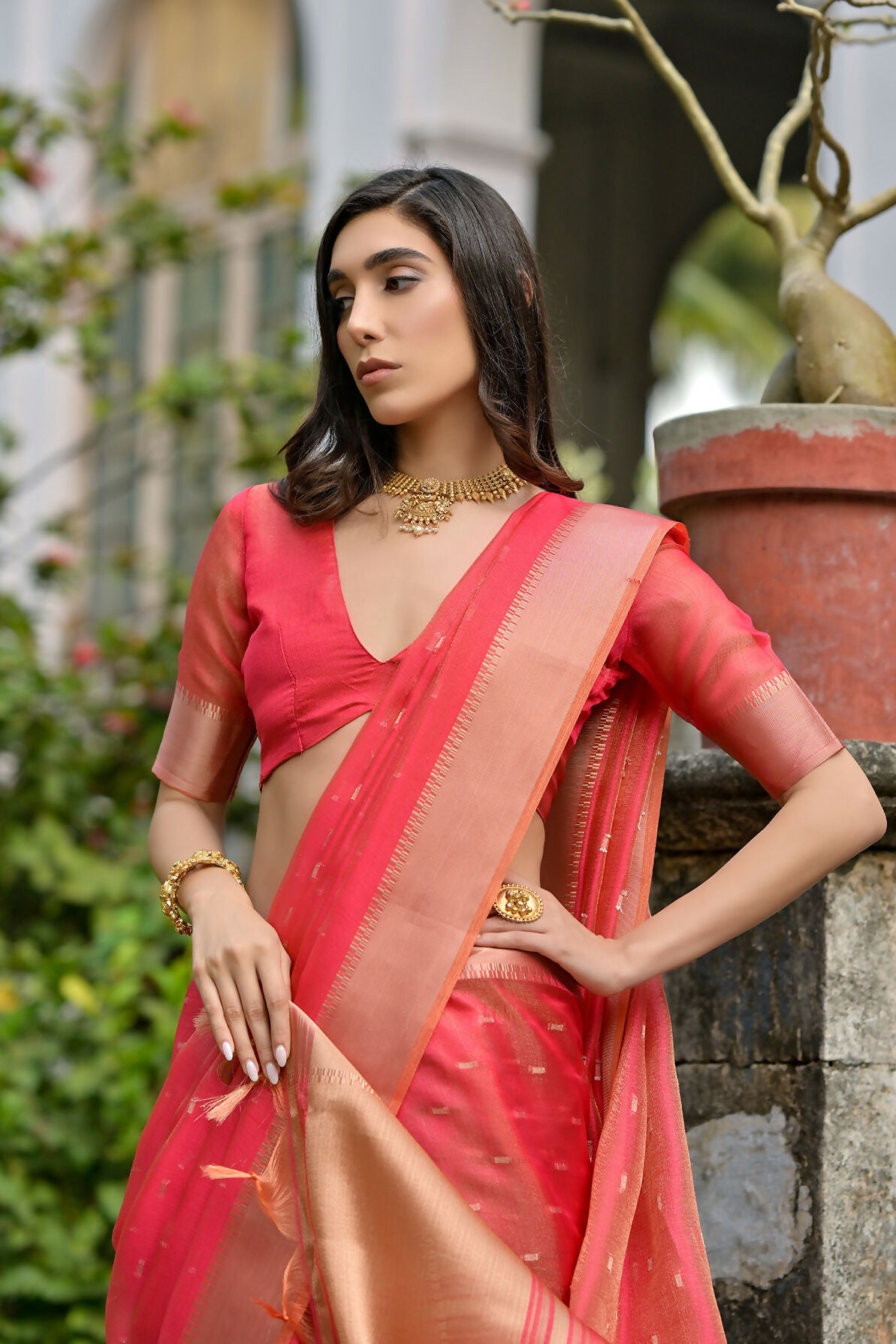 Vishnu Weaves Women's Gajri Soft Tissue Silk Zari Woven Saree with Blouse - Swadesiicart