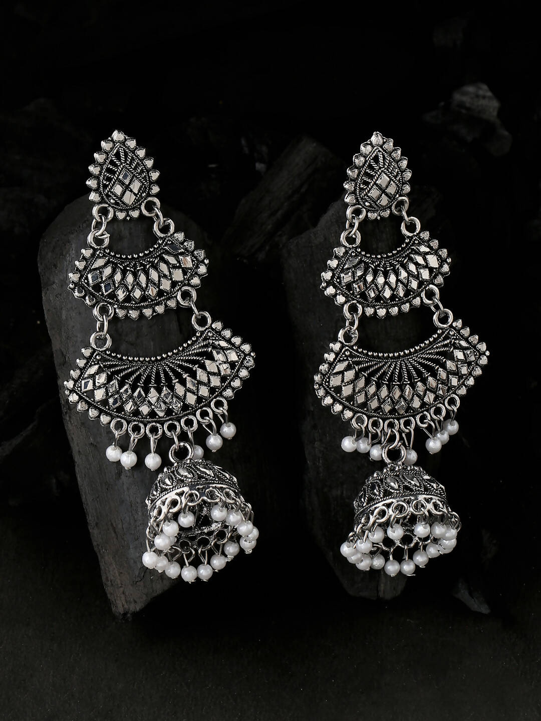 NVR Women Silver Toned Contemporary Jhumka Earrings | Swadesiicart