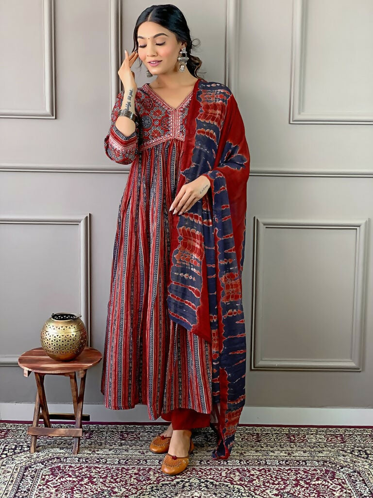 Partywear Designer Cotton Maroon Stitched Suit With Dupatta - Tanisha | Swadesiicart