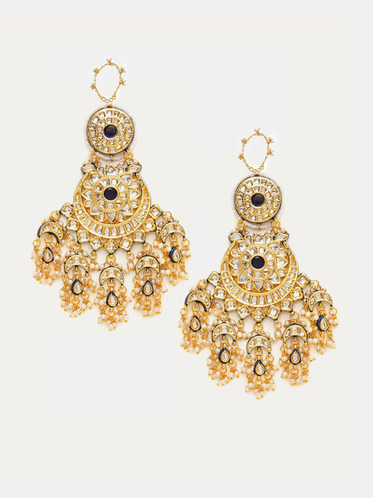 Ruby Raang 22k Gold Polished Kundan Chand Earrings With Ear Chains | Swadesiicart