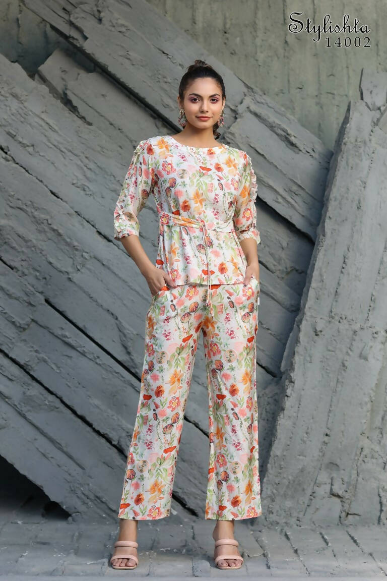 Women's Partywear Designer White & Multi Muslin co-ord set - Stylishta - Swadesiicart