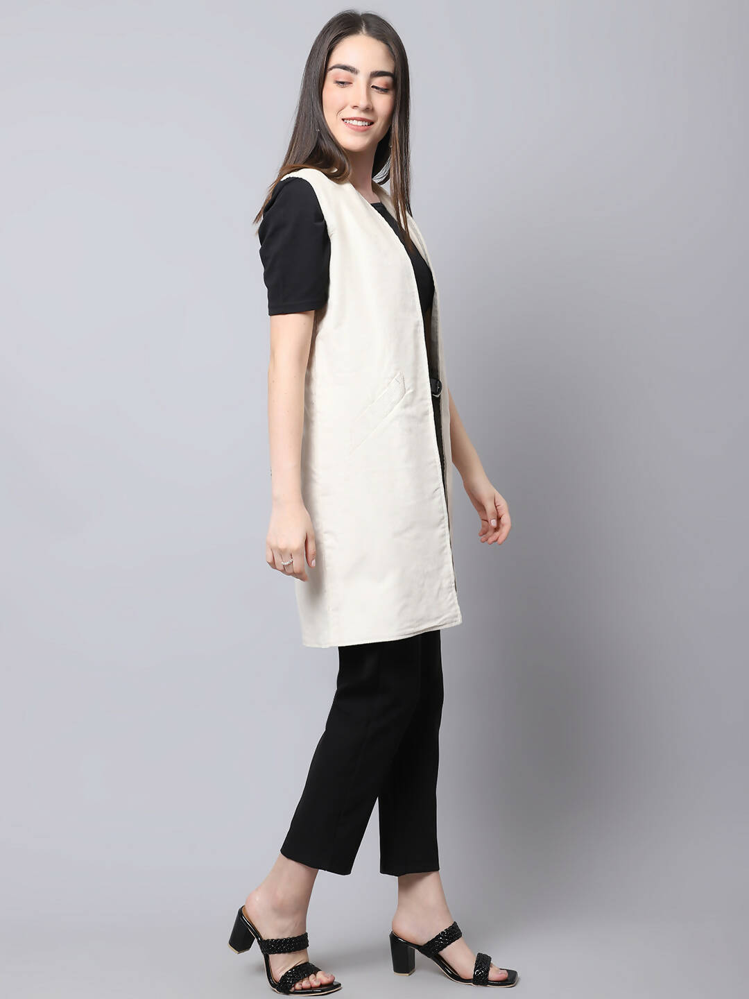 Even Apparels White Polywool Open Front Corduroy Women's Long Coat | Swadesiicart
