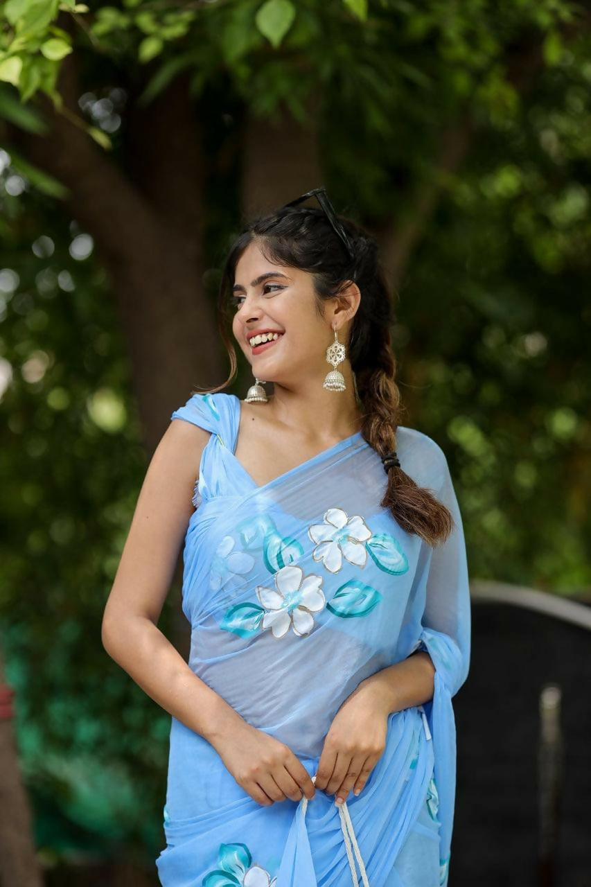 Exclusive Collection Beautiful Sky Cotton Hand Print Handloom Saree With Running Blouse Piece - Swadesiicart
