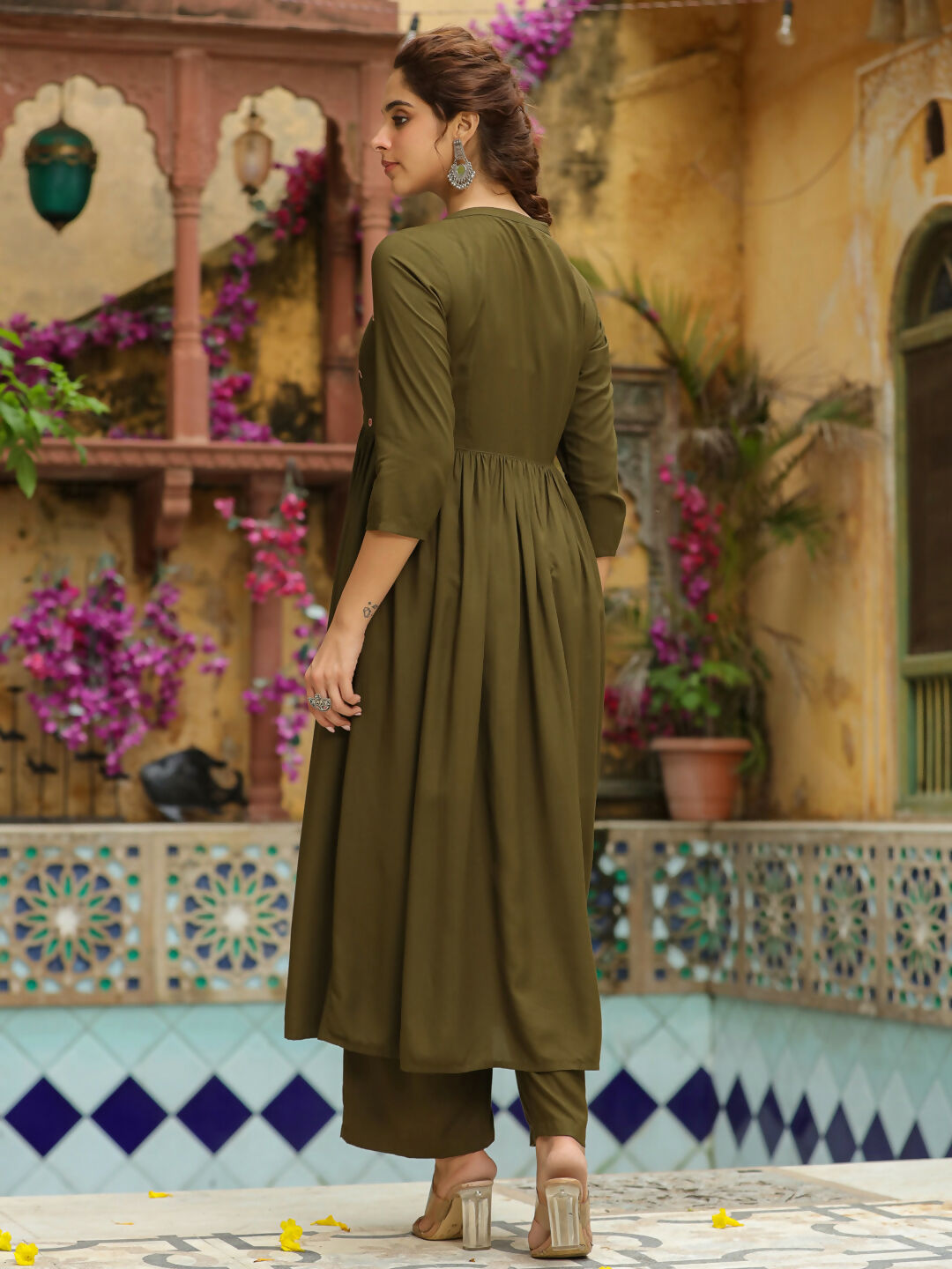 Janasya Olive Rayon Embroidered Kurta & Bottom | Swadesiicart