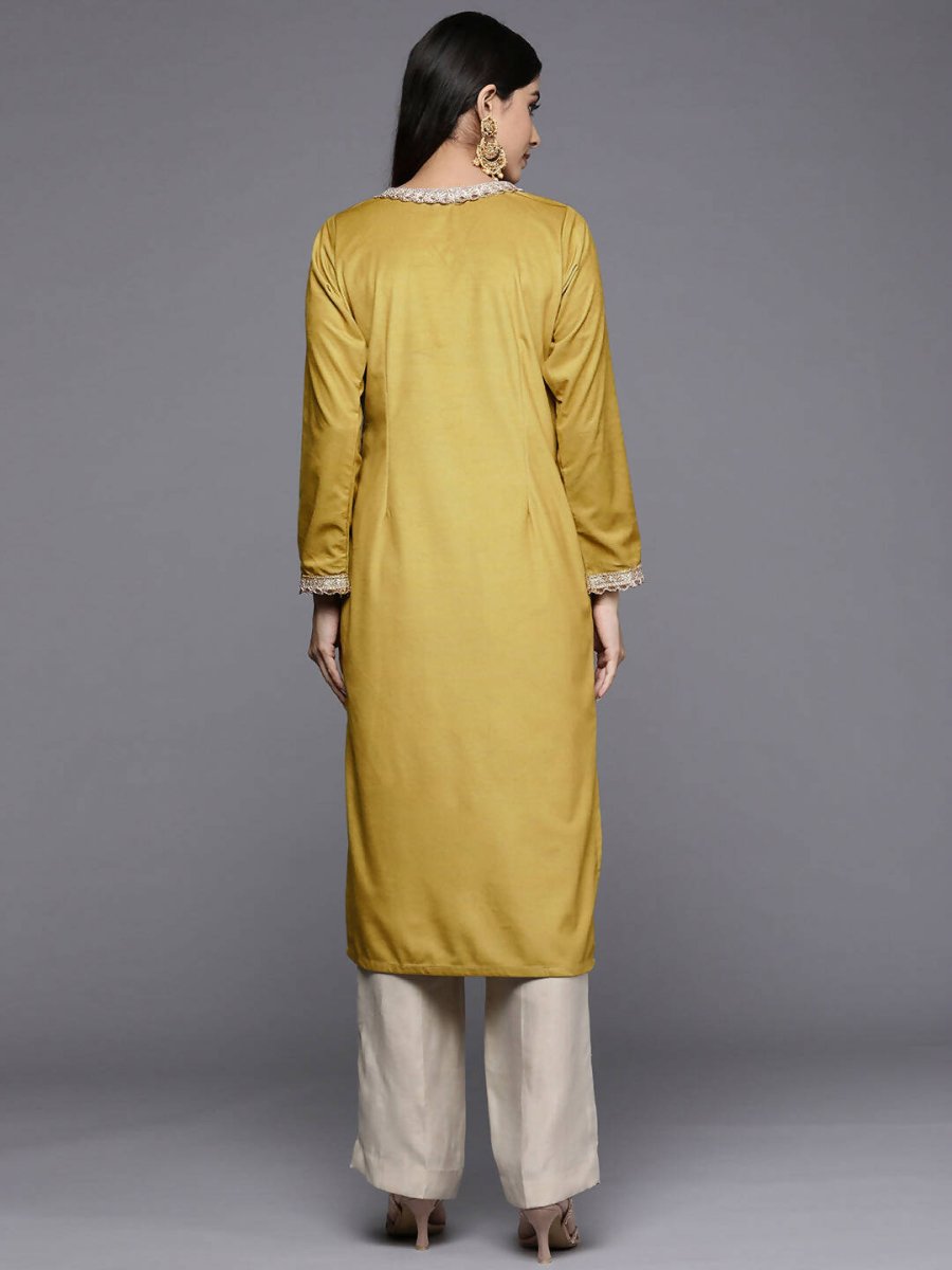 Ahalyaa Women Mustard Yellow & Golden Ethnic Motifs Yoke Design Velvet Kurta | Swadesiicart