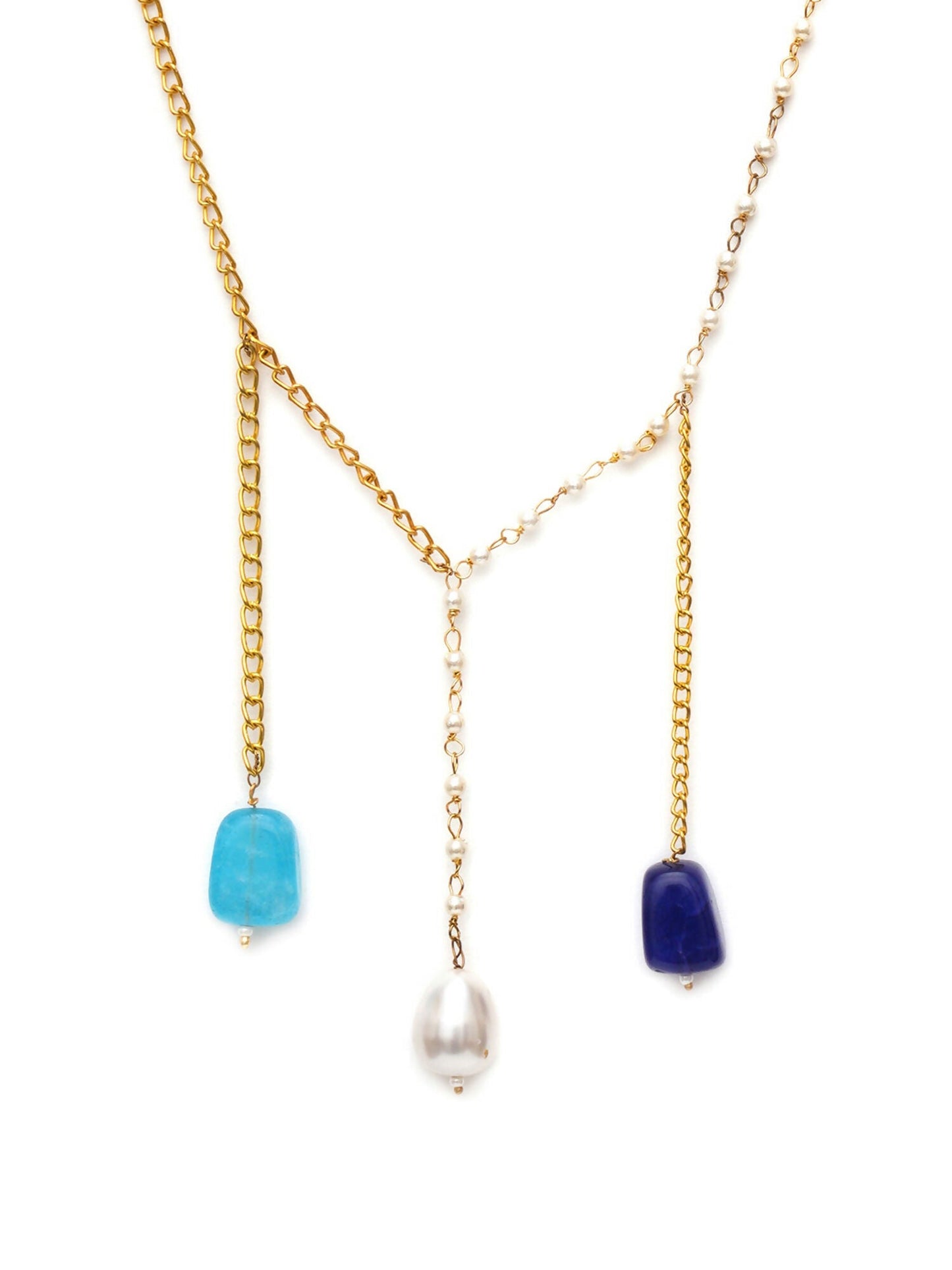 Long Pearl and Gold Chain Neckpiece (Gold) - Ruby Raang | Swadesiicart