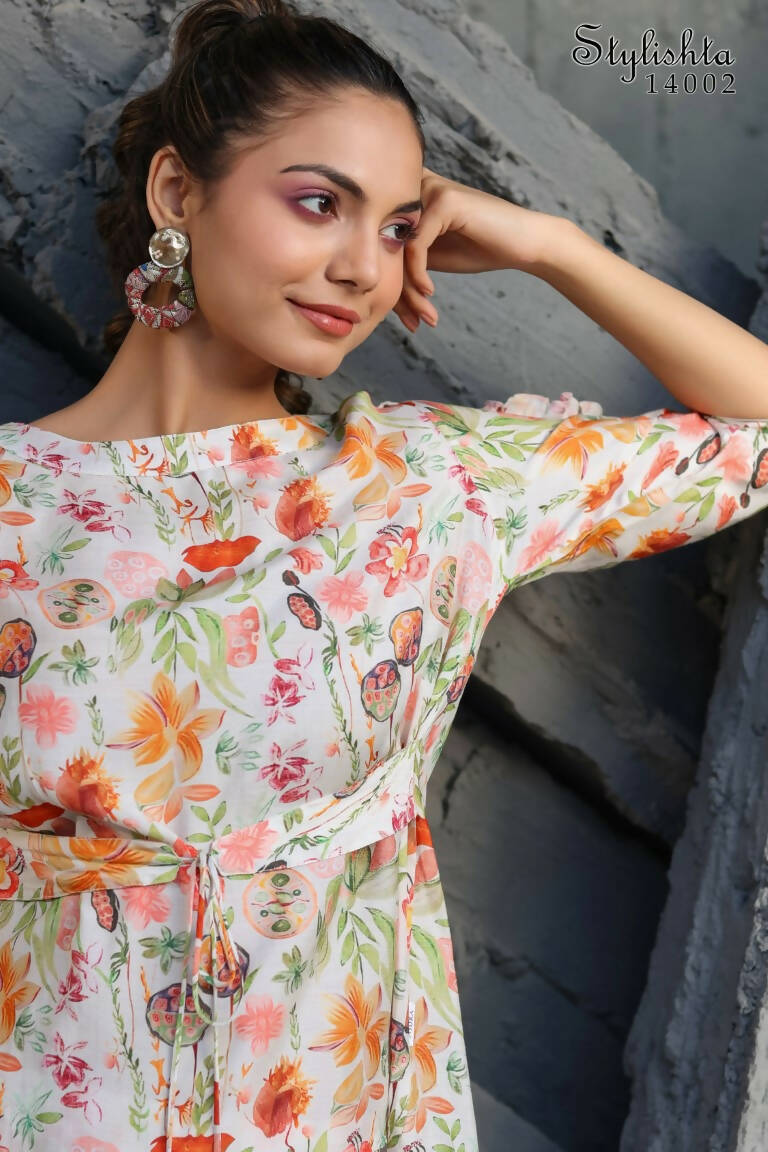 Women's Partywear Designer White & Multi Muslin co-ord set - Stylishta - Swadesiicart
