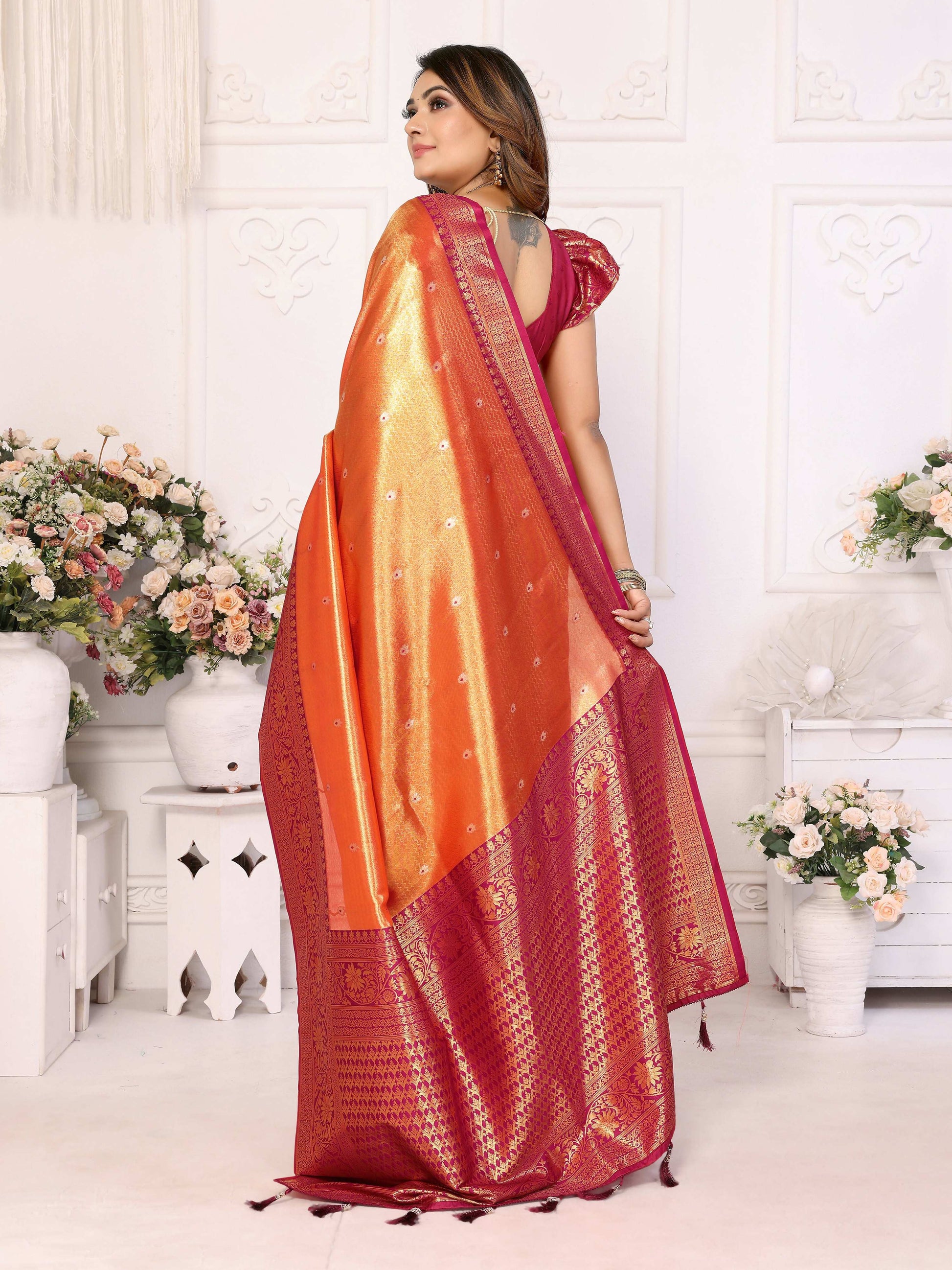Aastha Fashion Orange Tissue Silk Weaving Saree