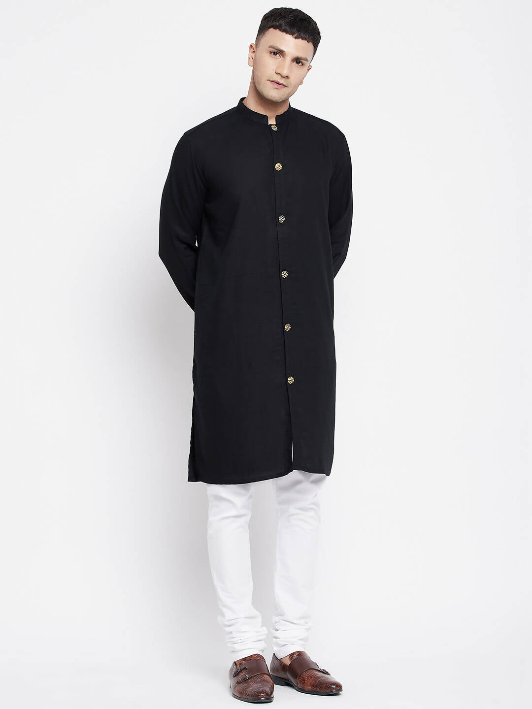 Even Apparels Black Pure Cotton Men's Sherwani Kurta With Open Front | Swadesiicart