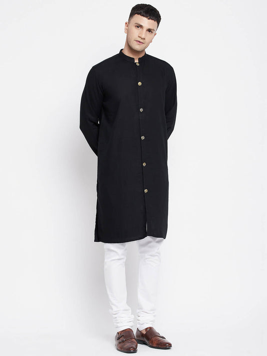 Even Apparels Black Pure Cotton Men's Sherwani Kurta With Open Front | Swadesiicart