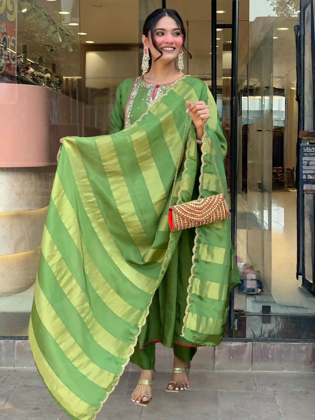 The52 Light Green Women's Gorgeous Embroidered Work Chanderi Fabric Flared Kurta Pant and Dupatta Set - Swadesiicart
