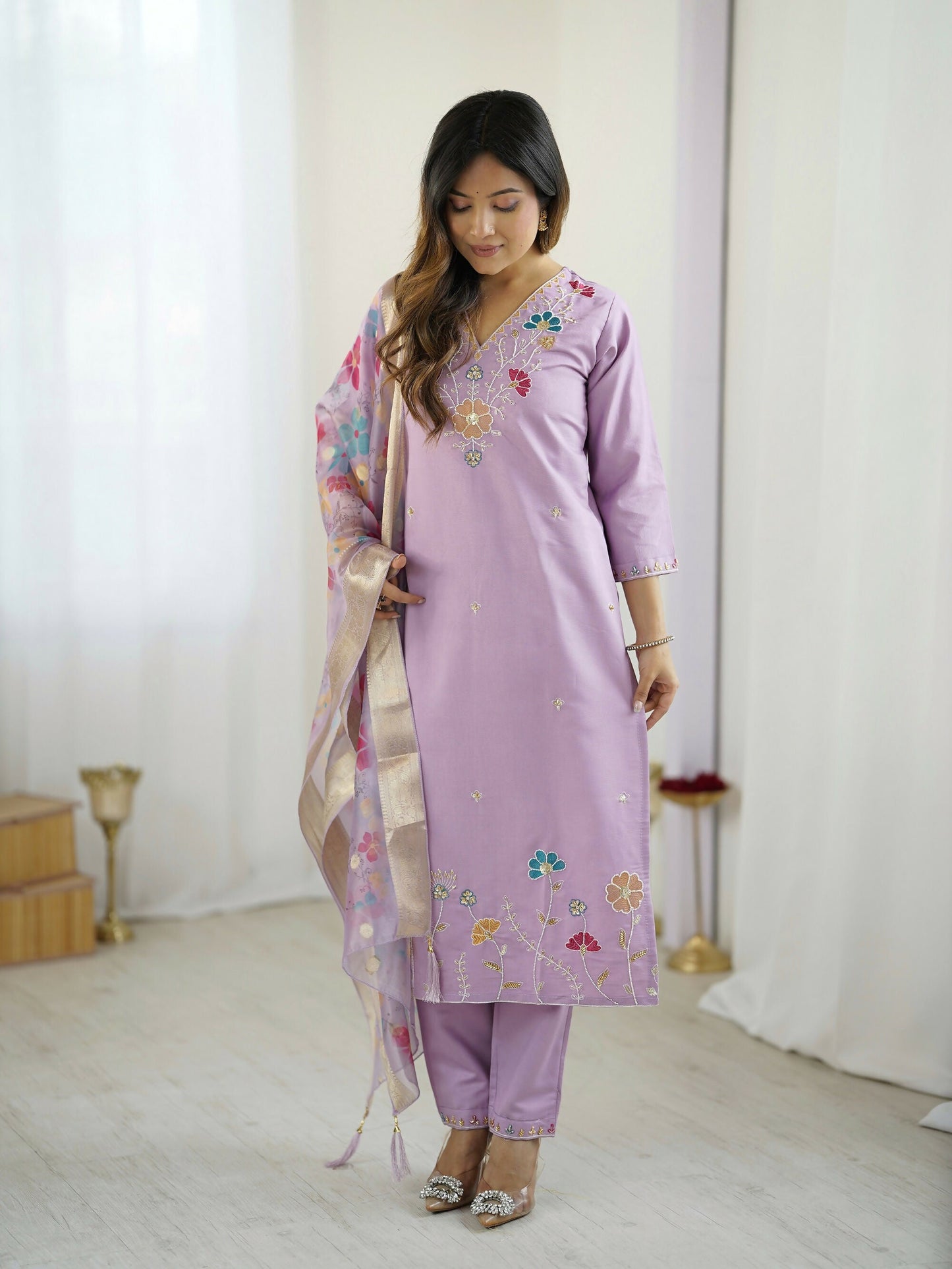 The52 Lavender Women's Gorgeous Embroidered work Viscose Gadhwal Fabric Straight Kurta, Pant and Dupatta Set - Swadesiicart