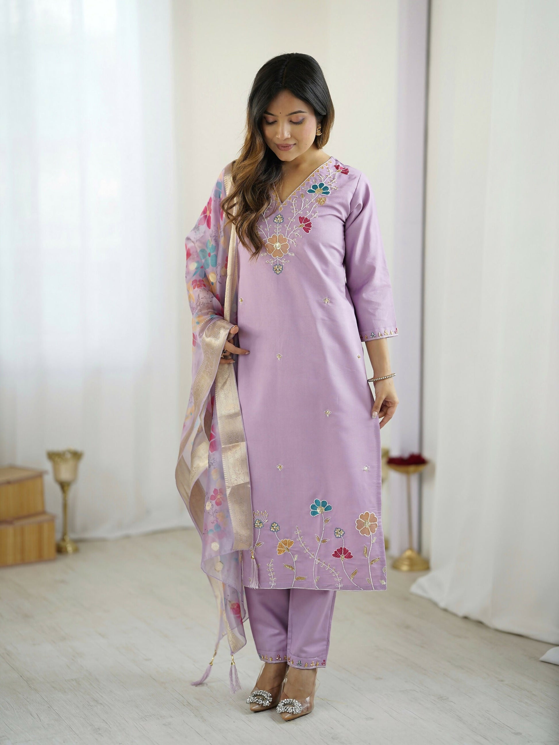 The52 Lavender Women's Gorgeous Embroidered work Viscose Gadhwal Fabric Straight Kurta, Pant and Dupatta Set - Swadesiicart
