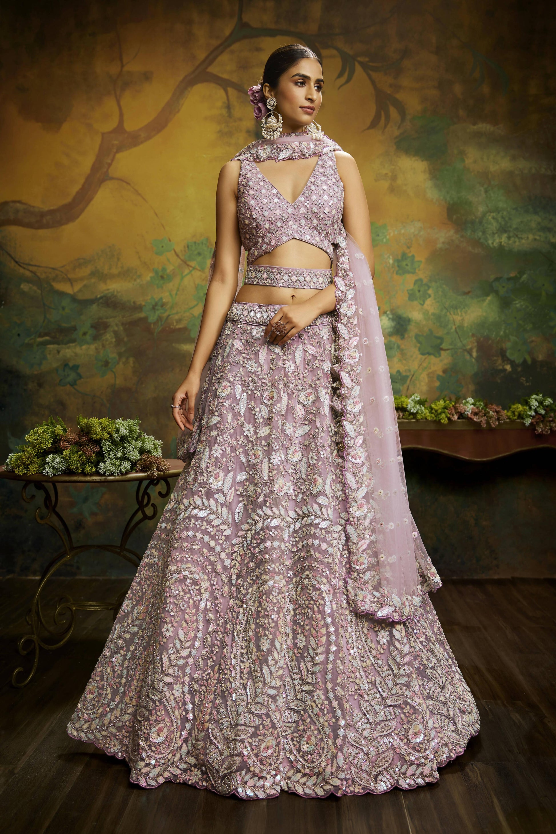 House of Panchhi Mauve Net Multi Sequins with heavy Zarkan embroidery Lehenga choli & Dupatta | Swadesiicart