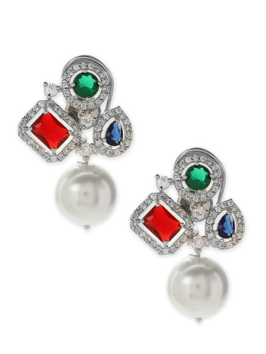 Multi Stone Earrings with Pearls- Ruby Raang | Swadesiicart