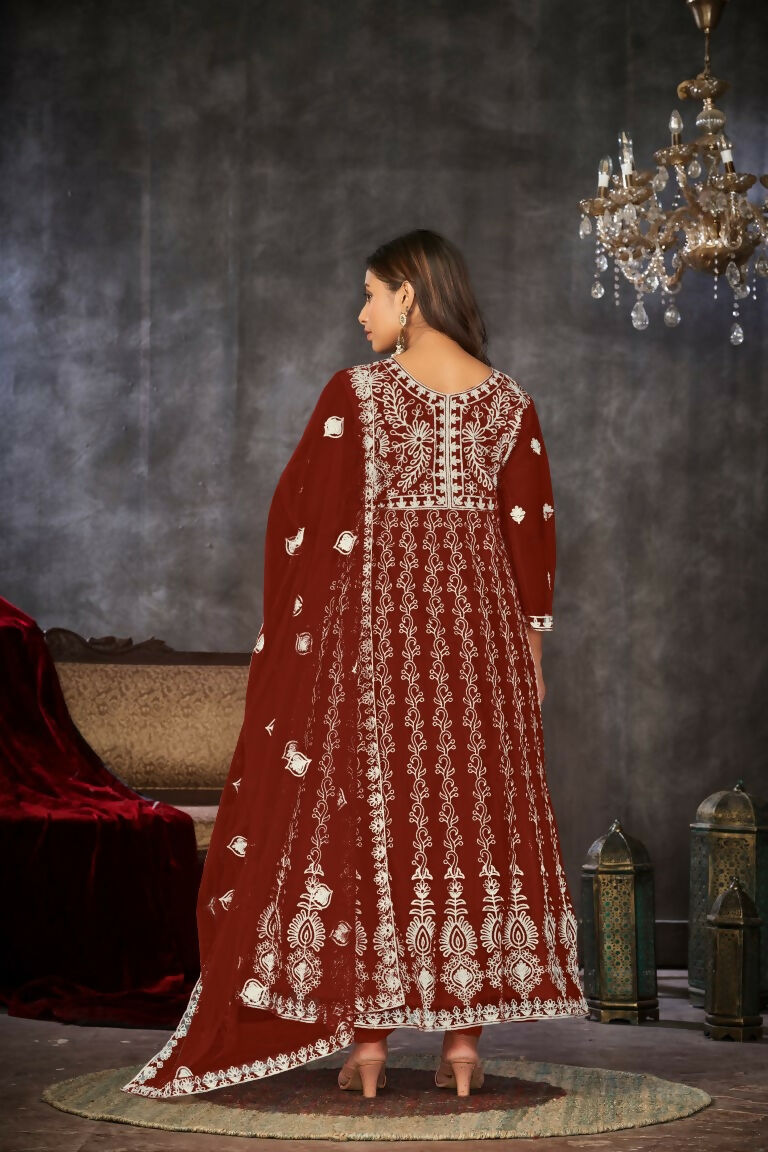 Jyoti Fashion Women's Maroon Net Embroidered Anarkali Kurta Pant Set With Dupatta | Swadesiicart