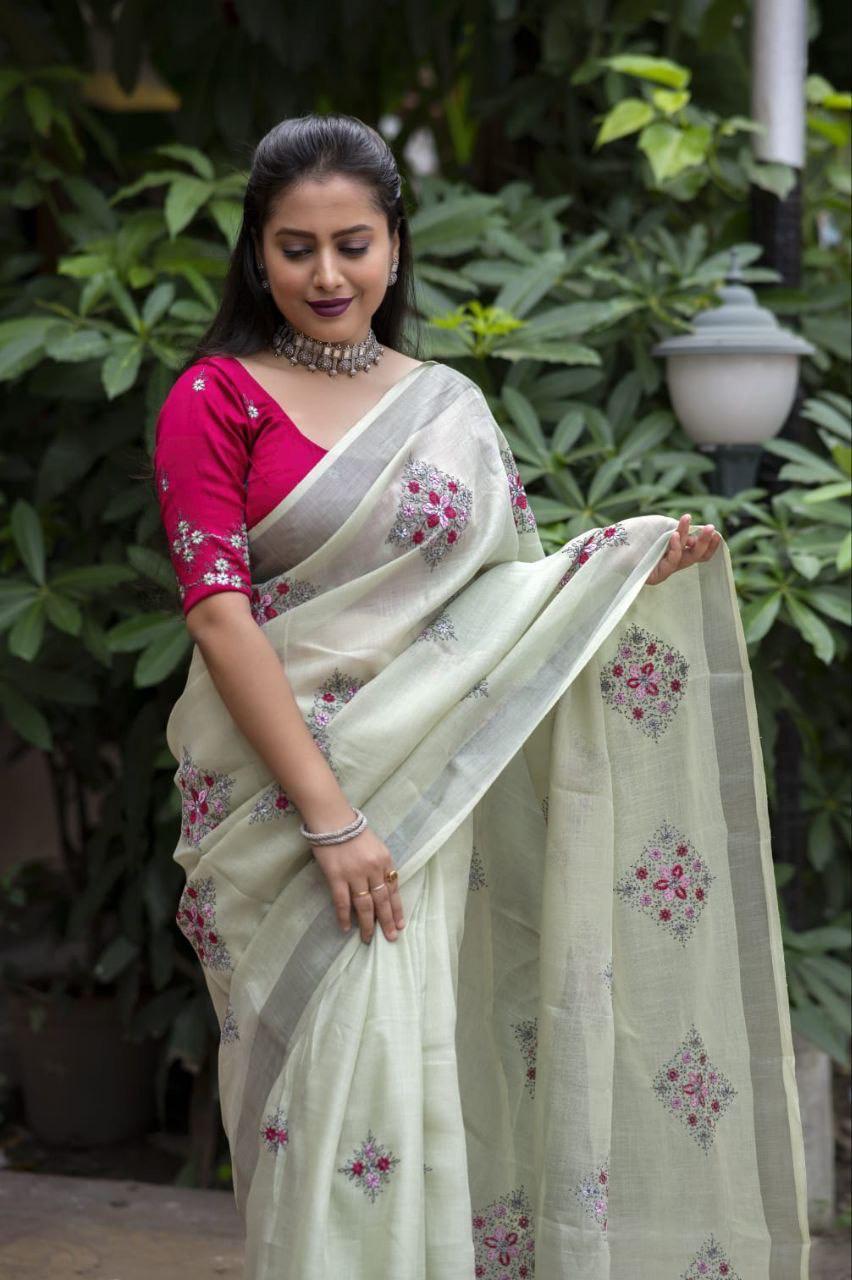 Green Pure Linen Ethnic Motifs Saree with Unstitched Blouse - Hiral Fashion | Swadesiicart