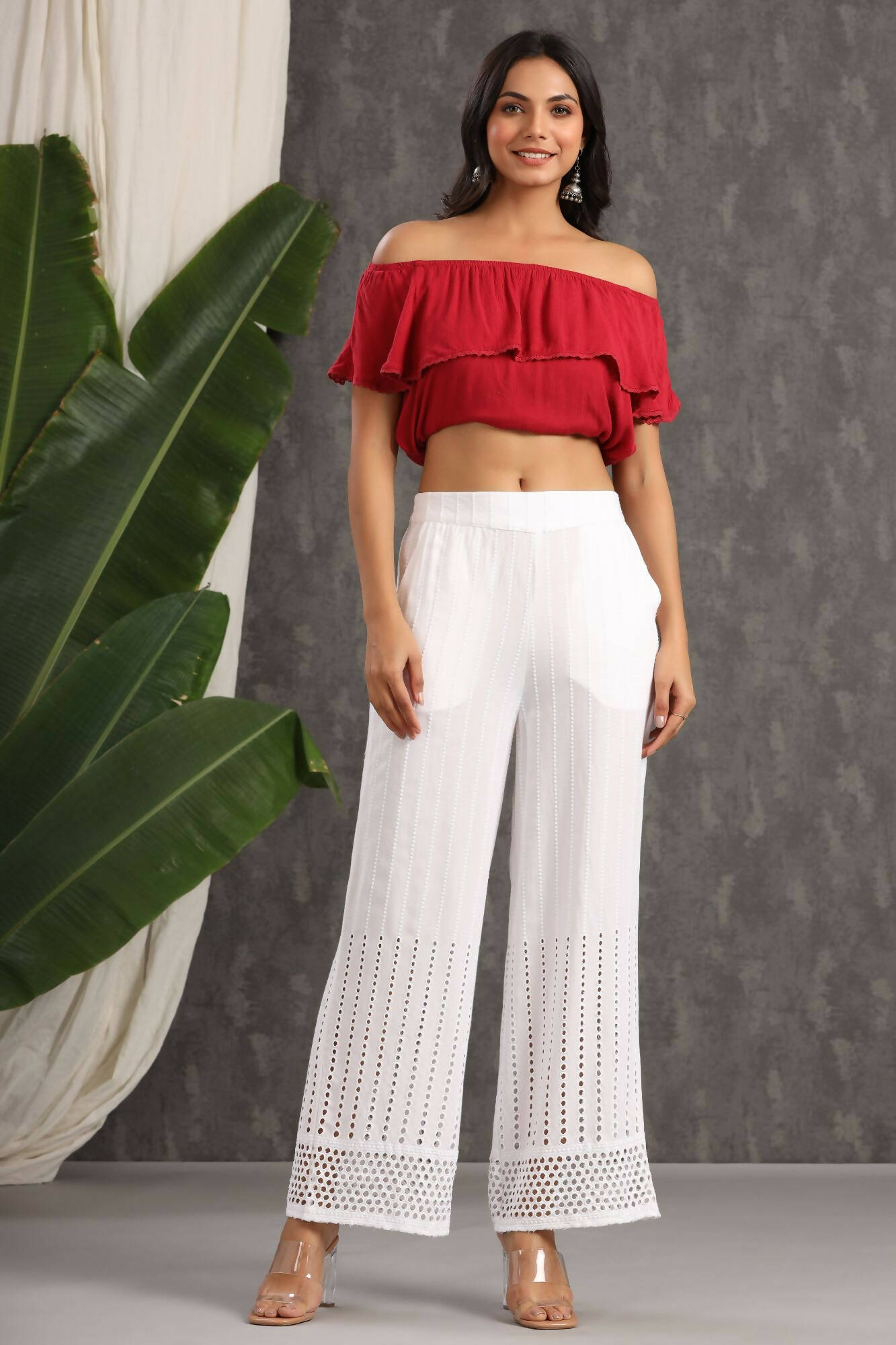 Juniper Women White Rayon Woven Design Flared Palazzo | Swadesiicart