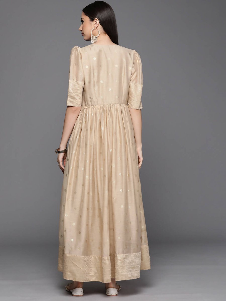 Ahalyaa Women's Beige Chanderi Gold Foil Print Dress | Swadesiicart