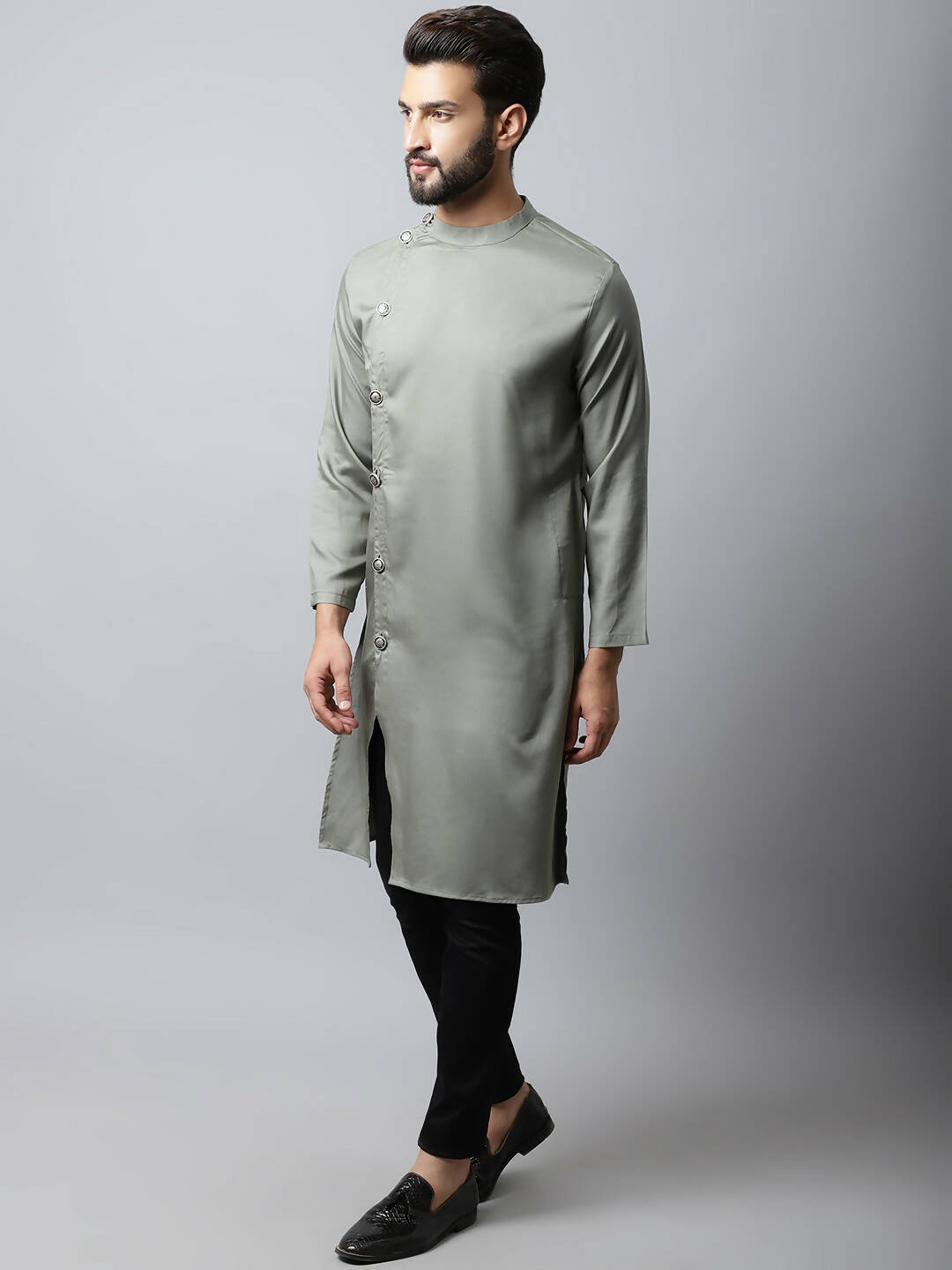 Even Apparels Grey Color Pure Cotton Sherwani Men's Kurta With Asymetrical Cut (SLD1181) | Swadesiicart