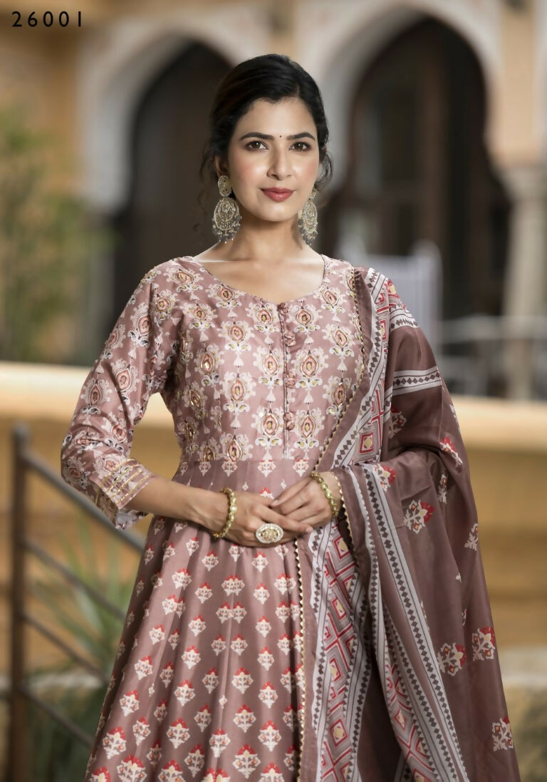 Wedding Designer PaleMauve Soft Dola Silk Anarkali suit with Dupatta - Samanta - Swadesiicart
