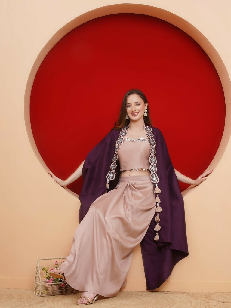 Joban Fashion Purple and Rose Gold Skirt set with Cape - Swadesiicart