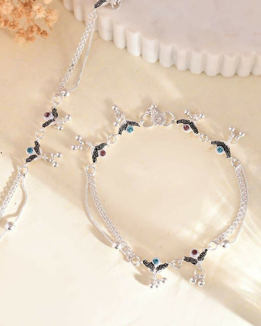 VOJ Set of 2 Designer Mutli Color Stone Studded Anklet - Swadesiicart