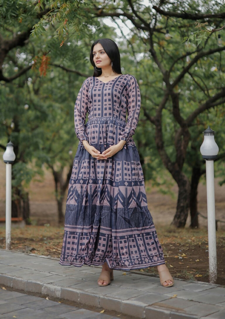 Jyoti Fashion Women's Navy Blue Heavy Digital Printed Pure Chanderi Anarkali Dress | Swadesiicart