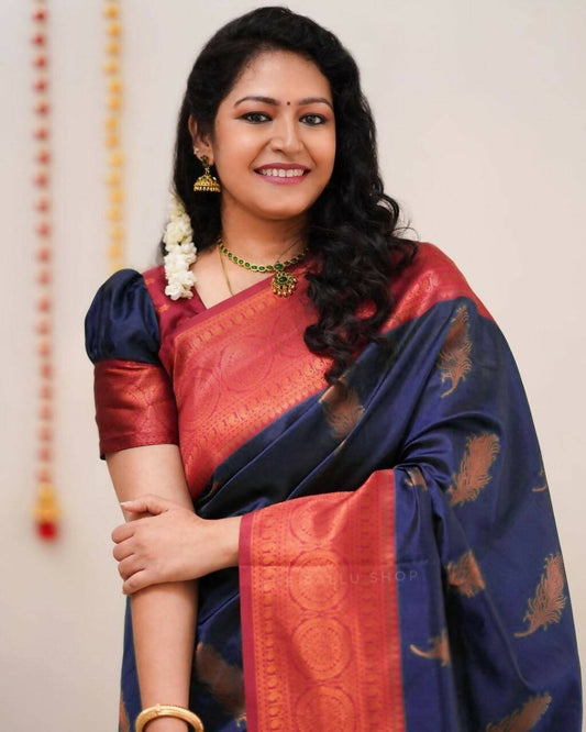 DEIANA'S Beautiful Designer Golden zari Soft Lichi Silk Saree - Navy Blue - Swadesiicart