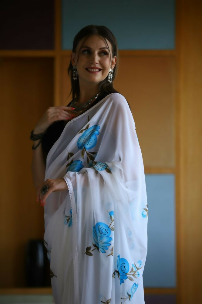 Vamsee Laxmi White Georgette Saree - Swadesiicart