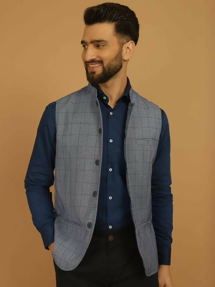 Even Apparels Nehru Jacket With Welt Pockets - Blue | Swadesiicart