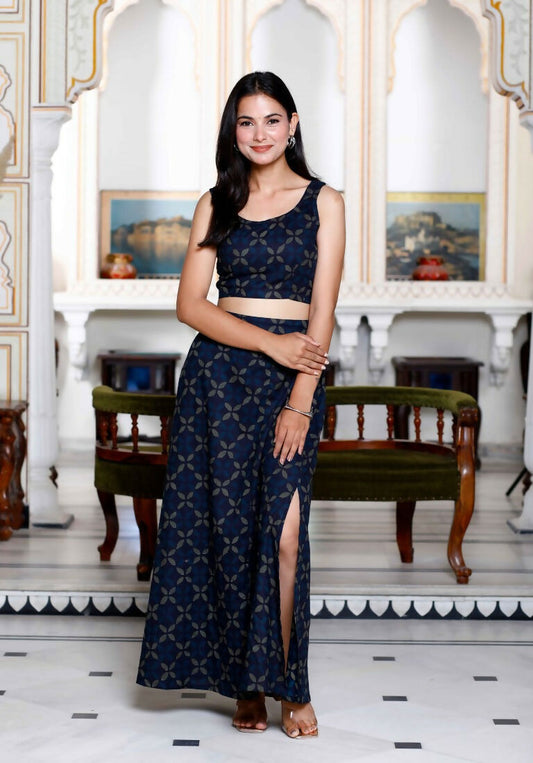 Miravan Women's Blue Abstract Print Crop Top And Side Slit A-Line Skirt Co-Ord Set - Swadesiicart