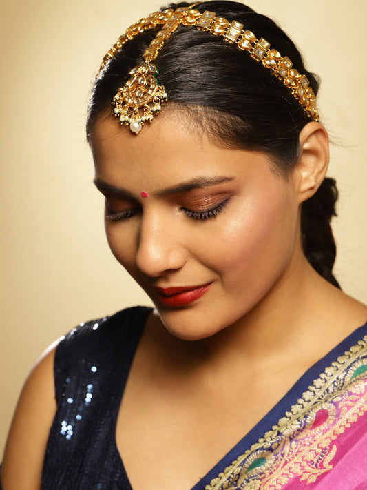 Gold-Polished White Green Kundan-Studded Pearl Beaded Matha Patti - Ruby Raang | Swadesiicart